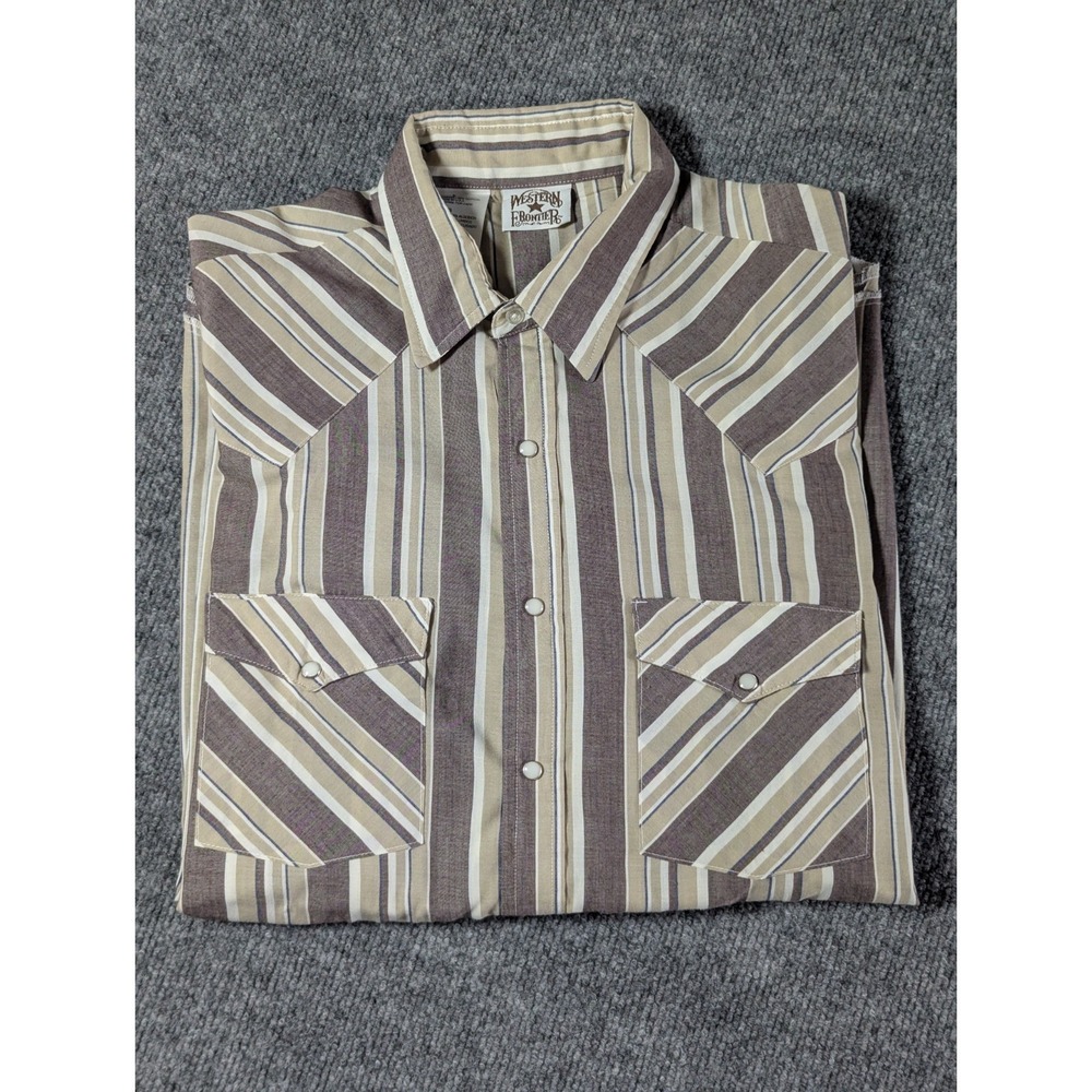 Western Frontier Vintage Pearl  Snap Button Up Shirt Men's Large Brown Striped
